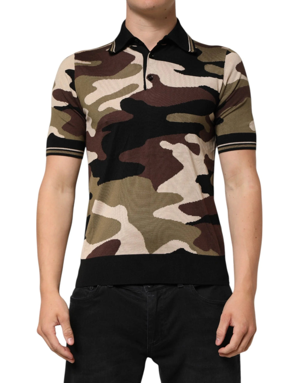 Dolce & Gabbana Camouflage Brown Silk MilitaryPolo T-shirt - Polos