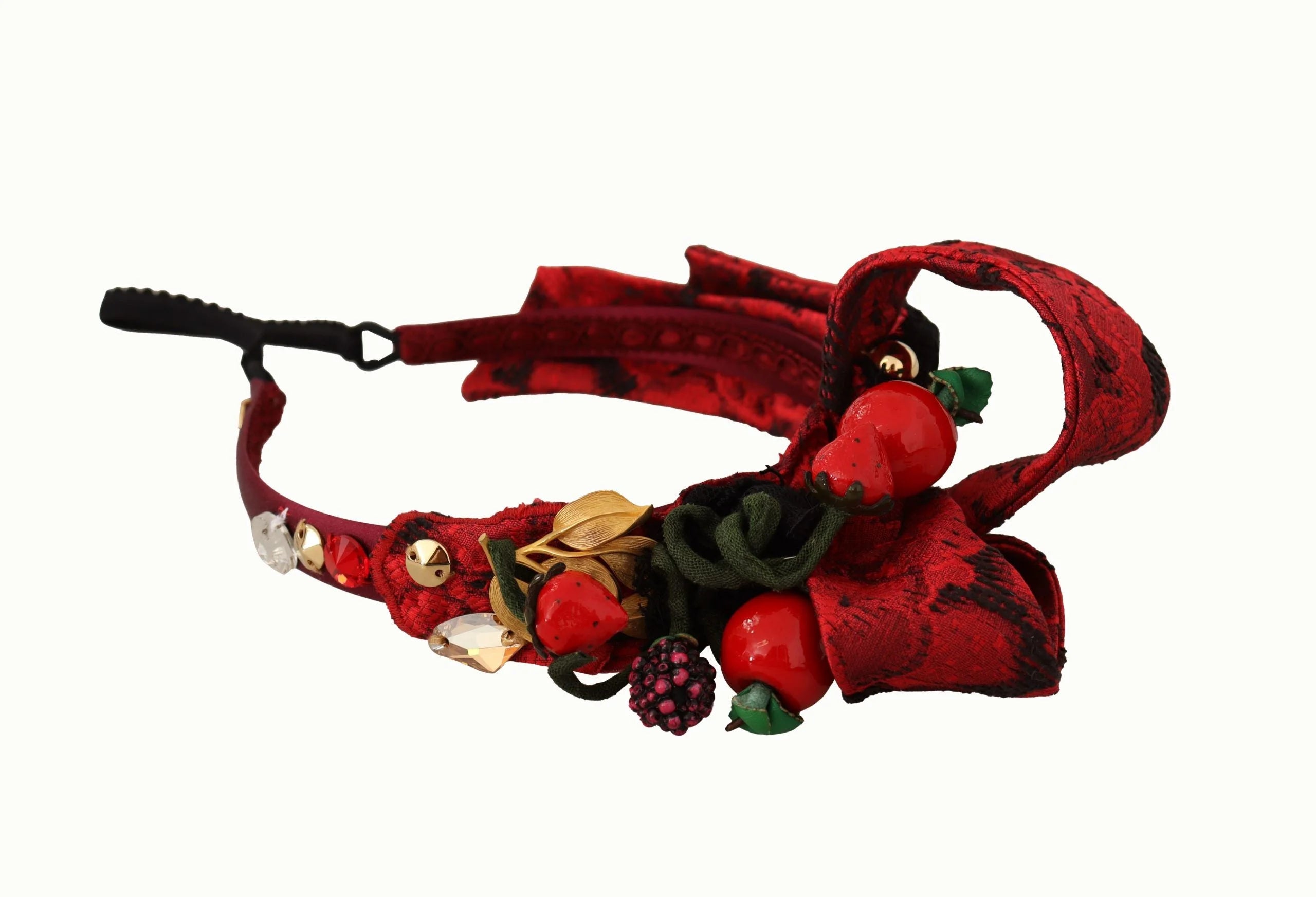 Dolce & Gabbana Cherry Silk Crystal Bow Logo Diadem Tiara Headband - Headbands