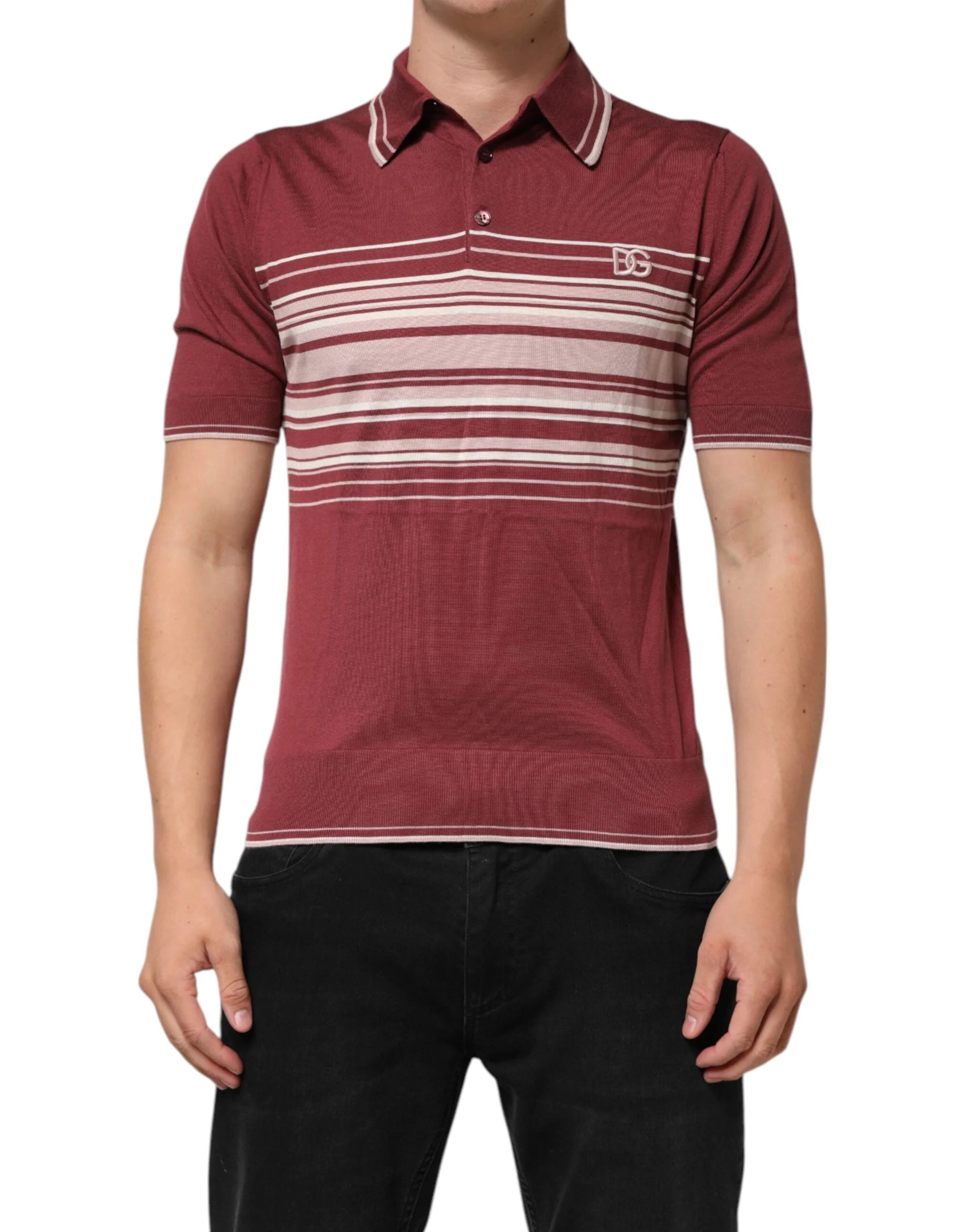 Dolce & Gabbana Cotton Burgundy Striped DG Logo Polo T-shirt - Polos