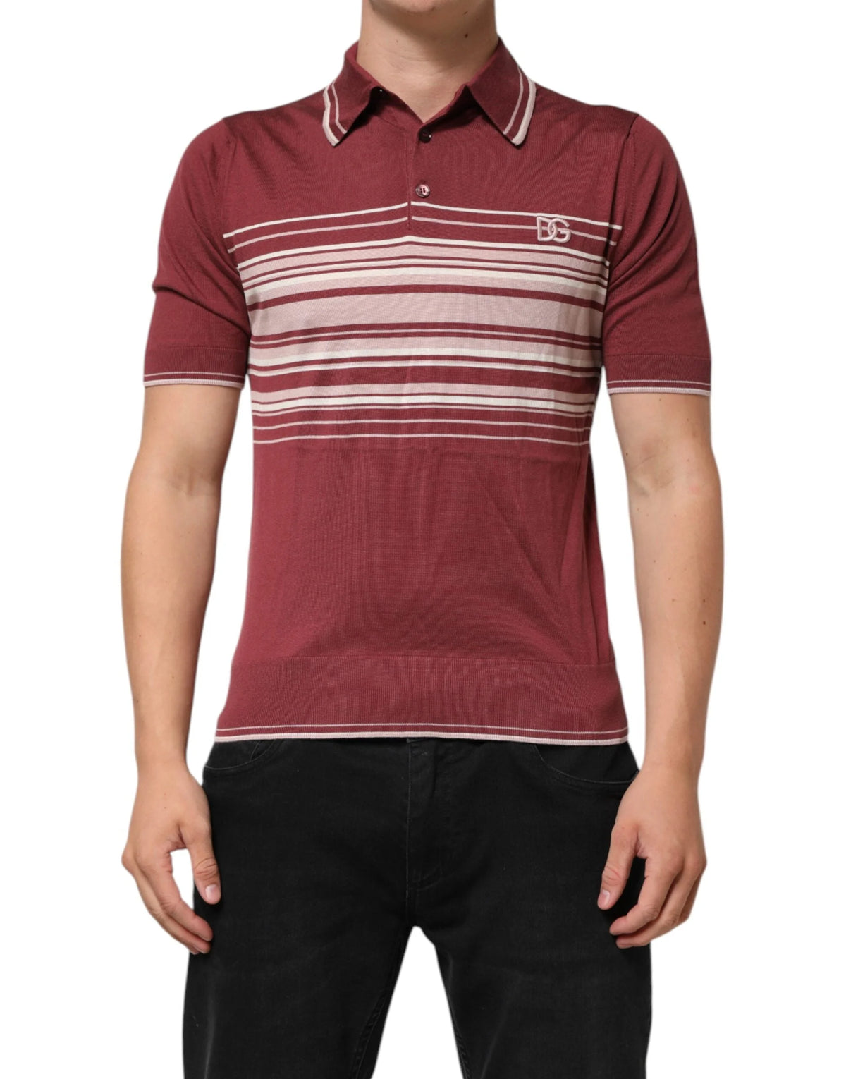 Dolce & Gabbana Cotton Burgundy Striped DG Logo Polo T-shirt - Polos