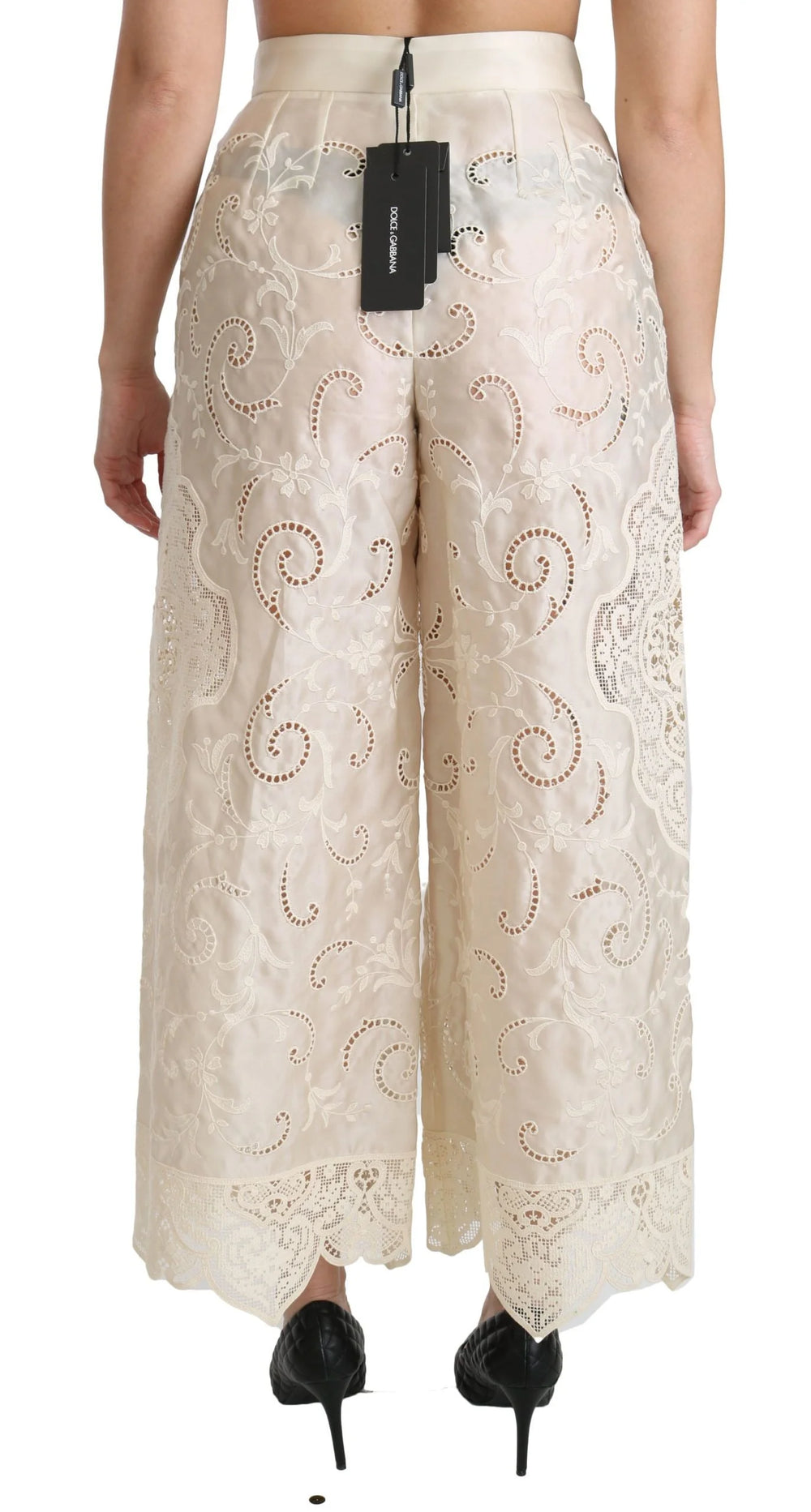 Dolce & Gabbana Cream Lace High Waist Palazzo Cropped Pants - Trousers