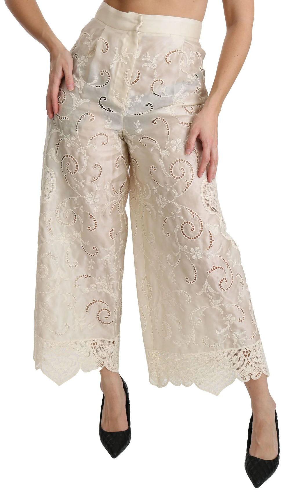 Dolce & Gabbana Cream Lace High Waist Palazzo Cropped Pants - Trousers