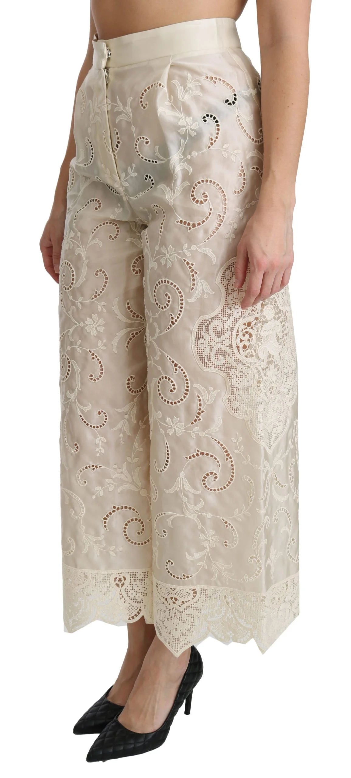 Dolce & Gabbana Cream Lace High Waist Palazzo Cropped Pants - Trousers