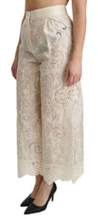 Dolce & Gabbana Cream Lace High Waist Palazzo Cropped Pants - Trousers