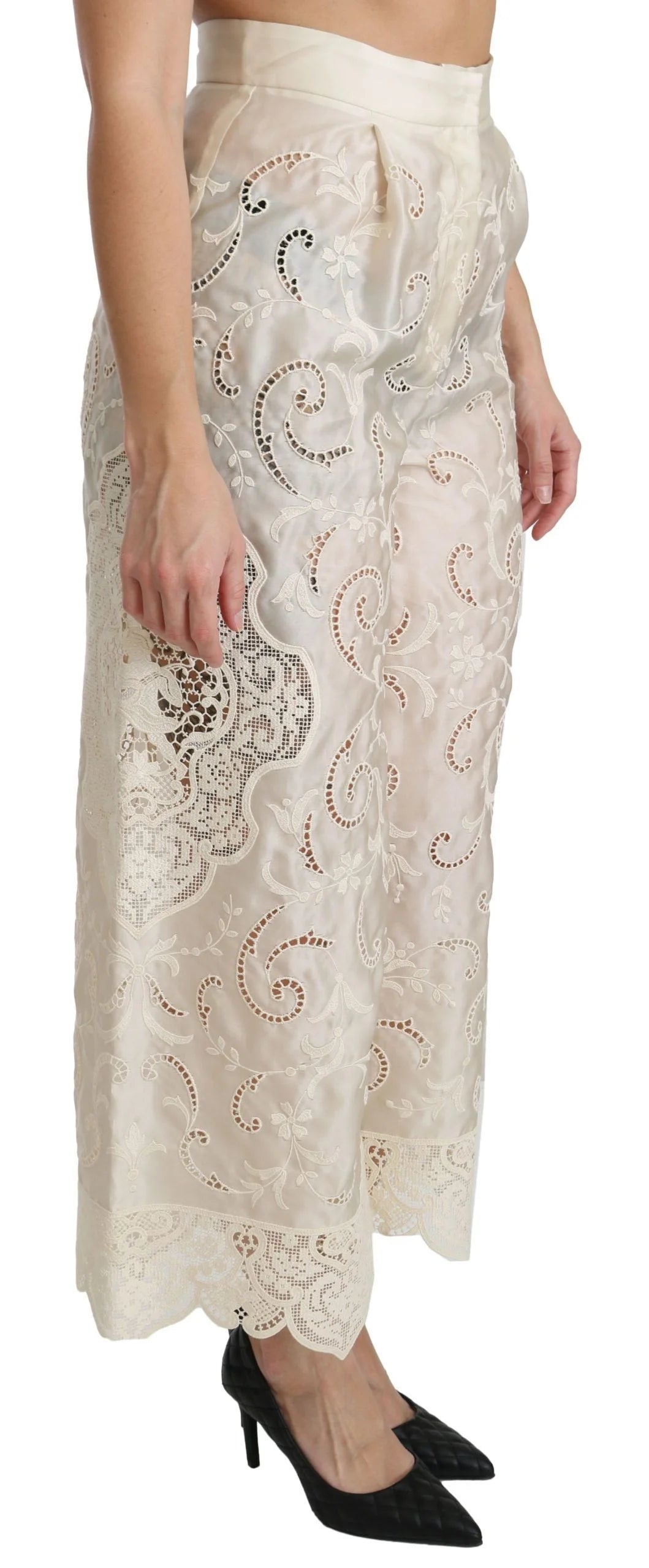 Dolce & Gabbana Cream Lace High Waist Palazzo Cropped Pants - Trousers