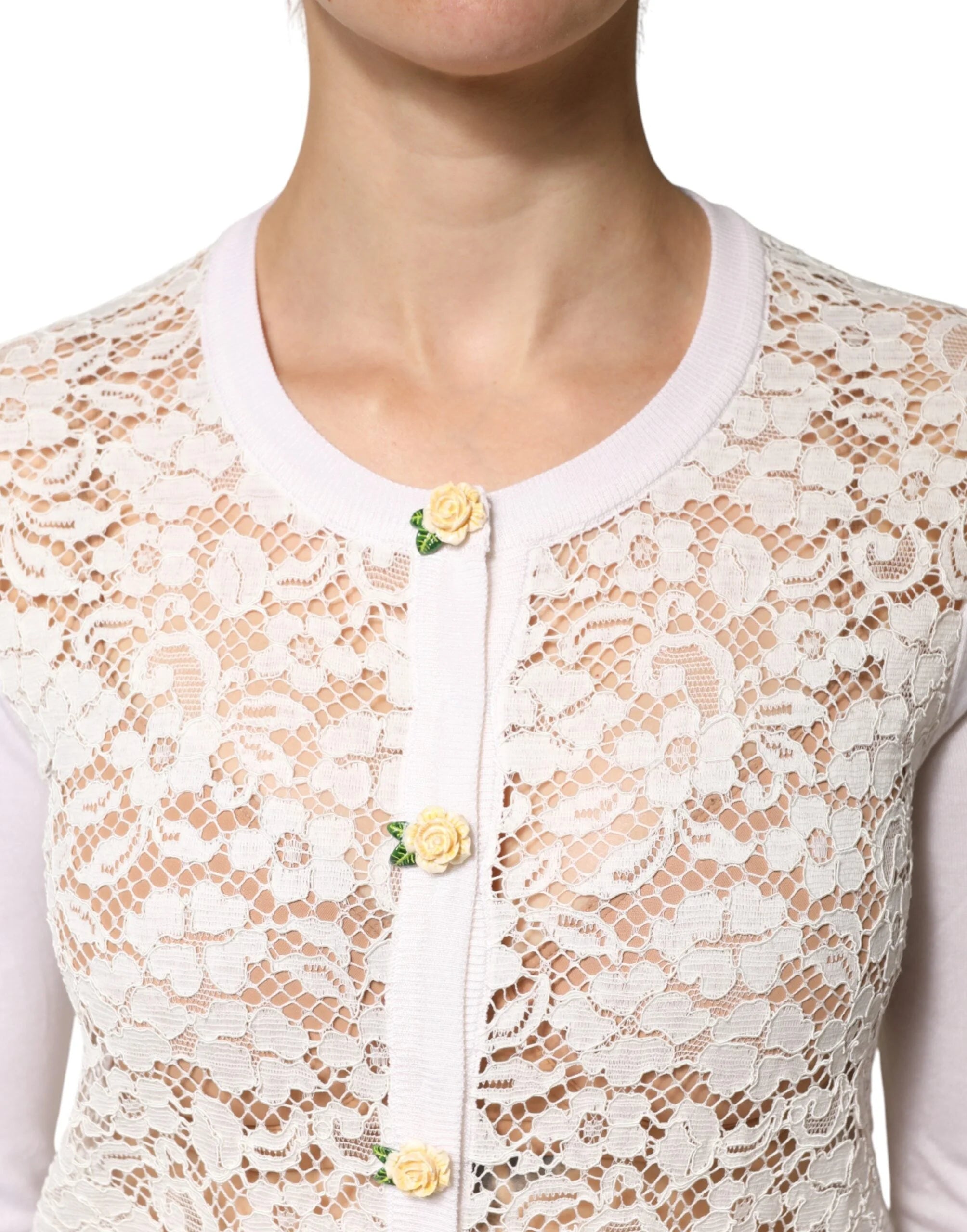 Dolce & Gabbana Cream Lace Knit Rose Button Cardigan Sweater - IT36|XXS