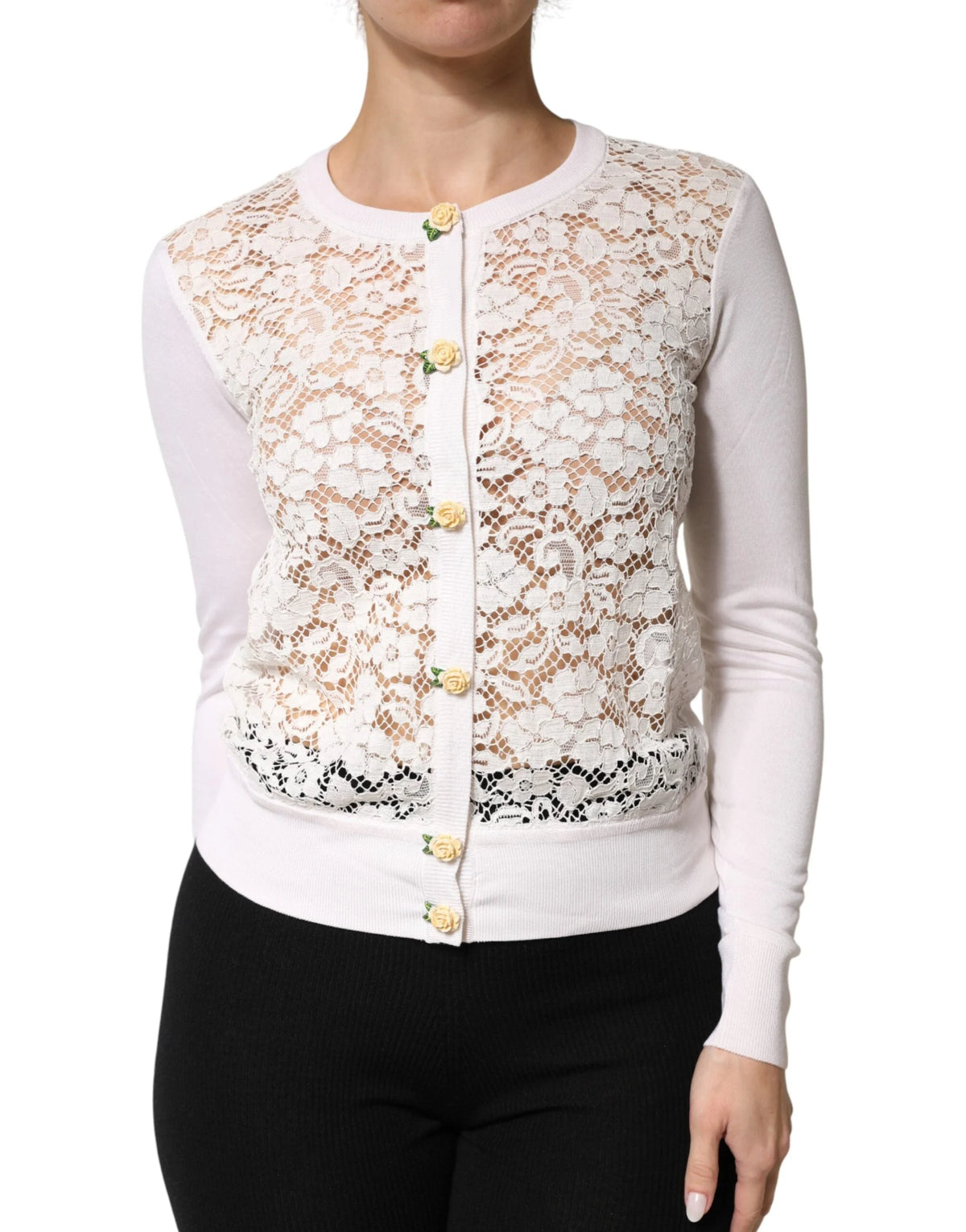 Dolce & Gabbana Cream Lace Knit Rose Button Cardigan Sweater - IT36|XXS
