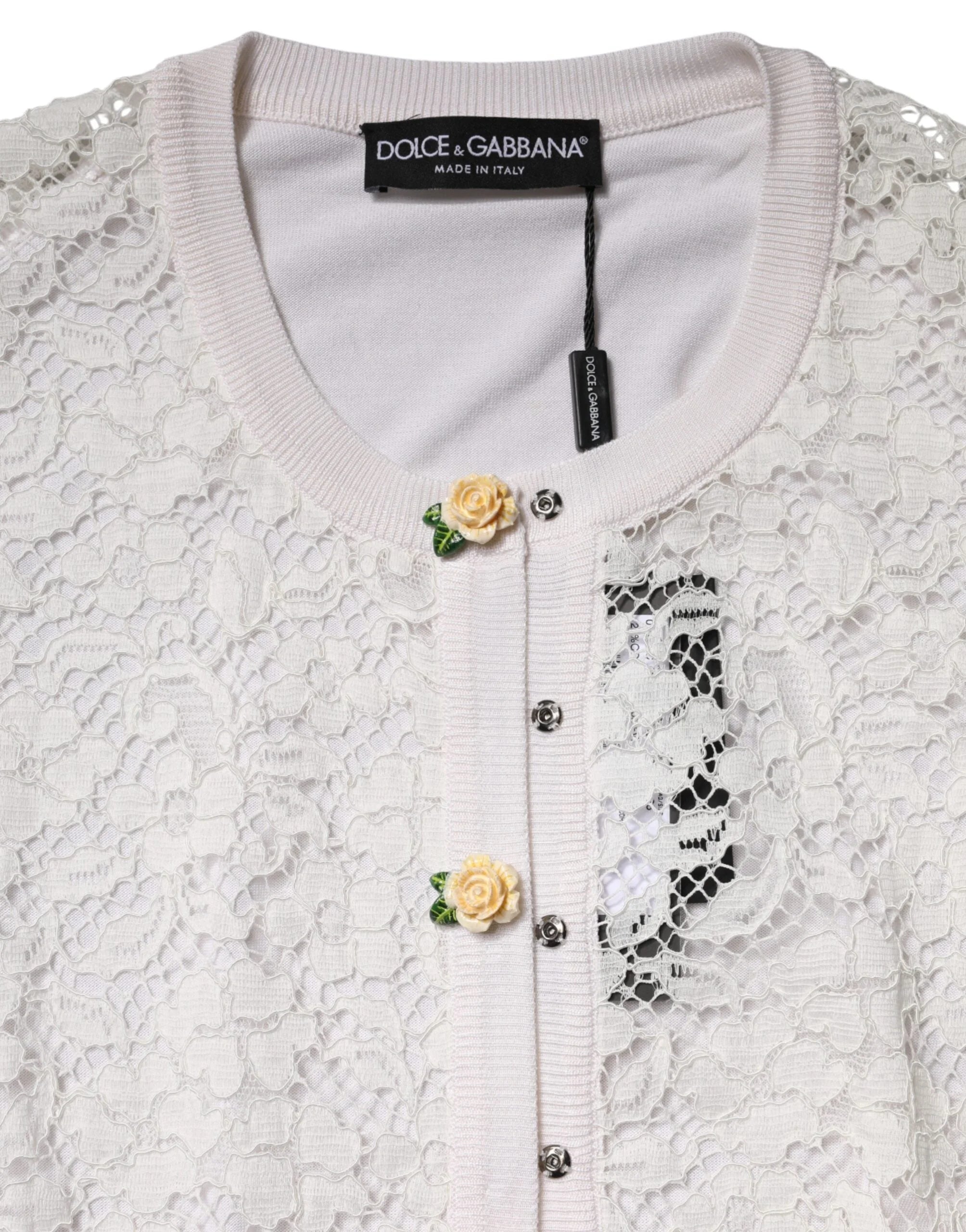 Dolce & Gabbana Cream Lace Knit Rose Button Cardigan Sweater - IT36|XXS