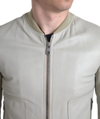 Dolce & Gabbana Cream Leather Bomber Blouson Full Zip Jacket - IT48 | M - Bomber Jackets