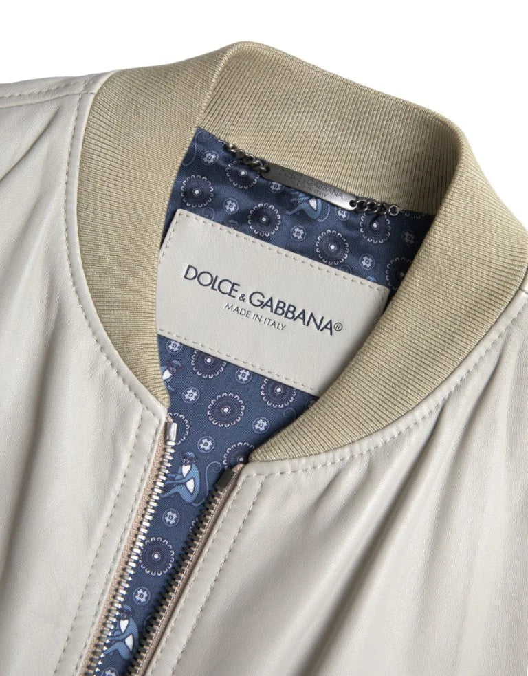 Dolce & Gabbana Cream Leather Bomber Blouson Full Zip Jacket - IT48 | M - Bomber Jackets