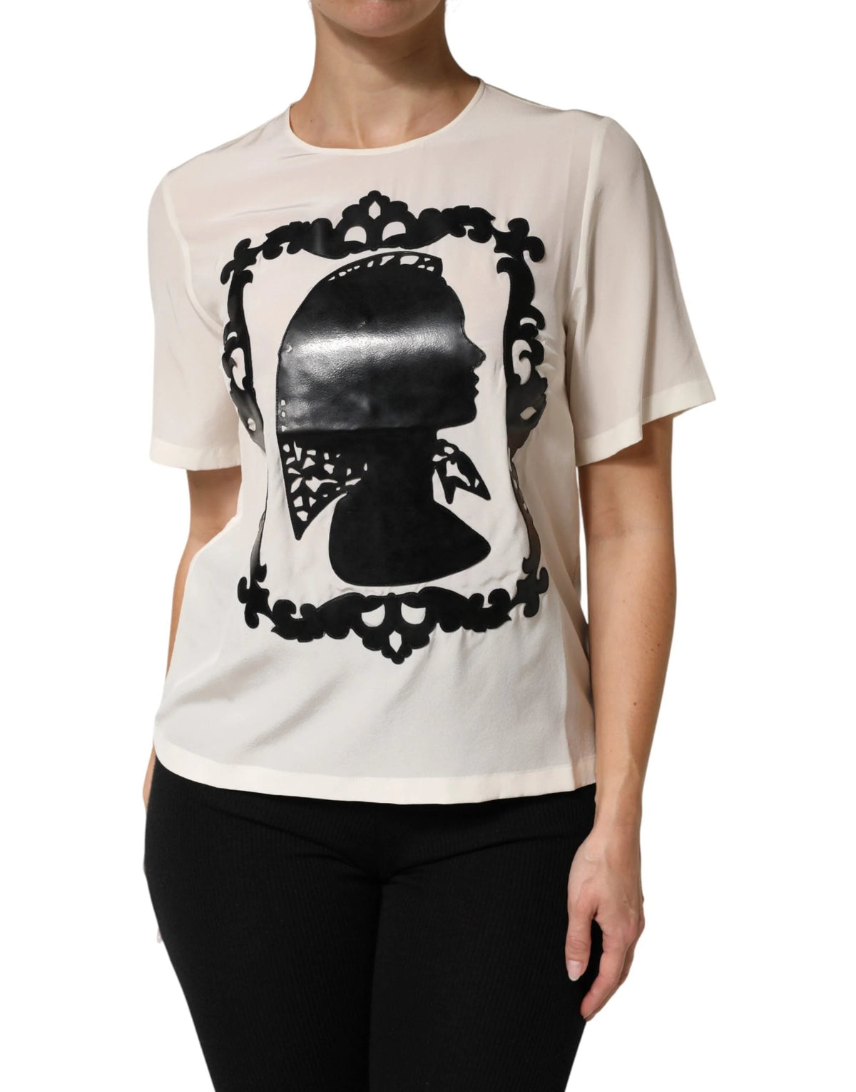 Dolce & Gabbana Cream Silk Silhouette Detail Short Sleeve Top - IT40|S