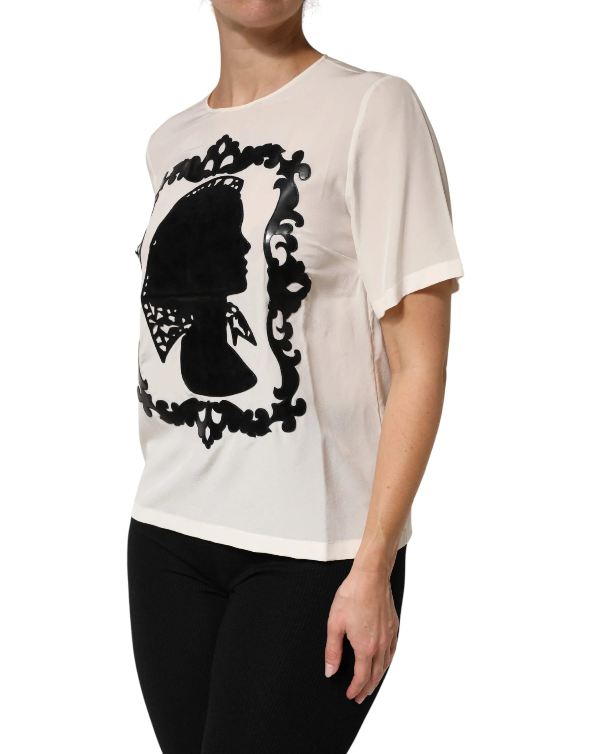 Dolce & Gabbana Cream Silk Silhouette Detail Short Sleeve Top - IT40|S