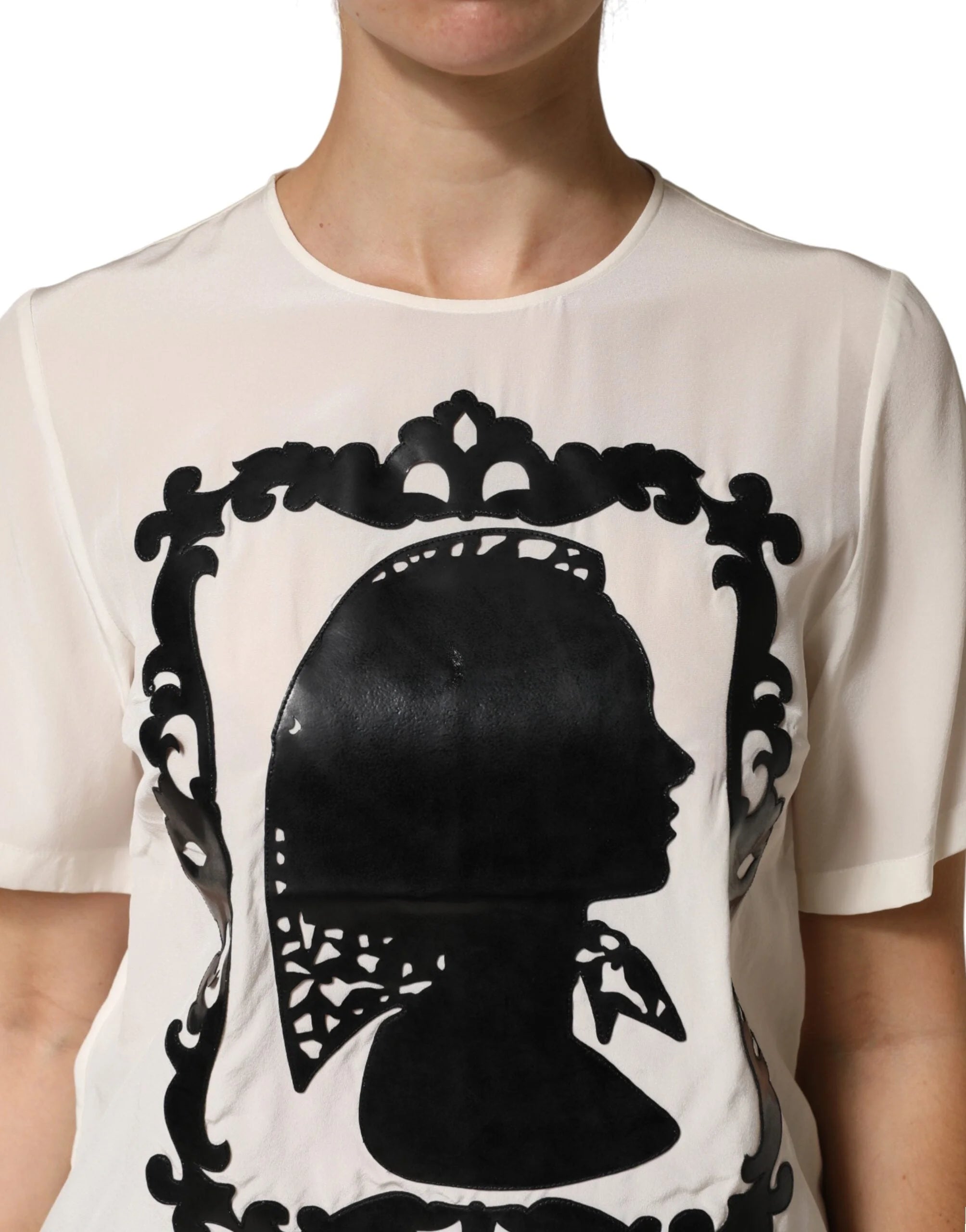 Dolce & Gabbana Cream Silk Silhouette Detail Short Sleeve Top - IT40|S