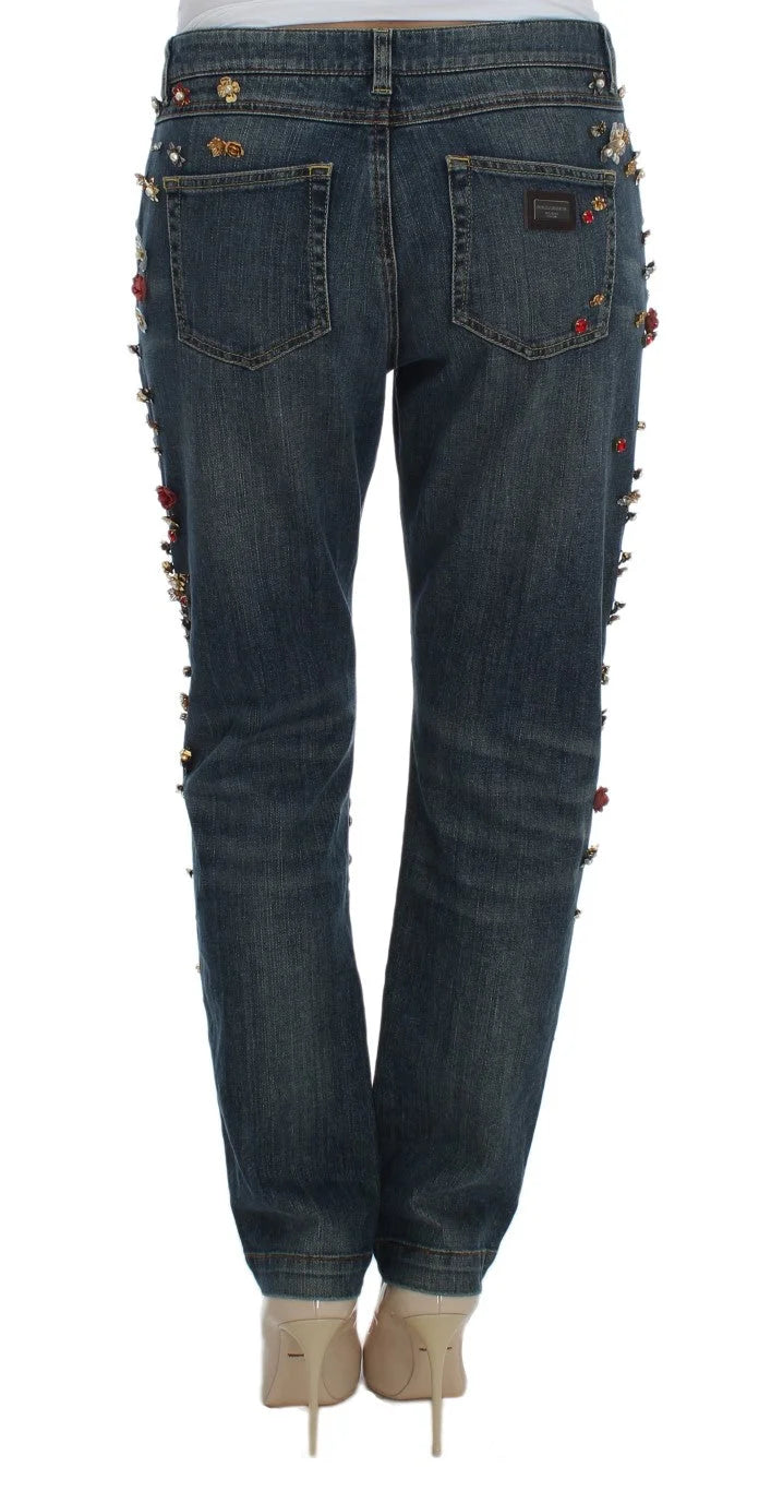 Dolce & Gabbana Crystal Roses Heart Embellished Jeans - IT38|XS - Jeans
