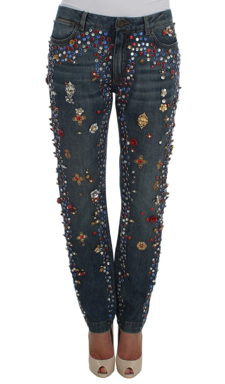 Dolce & Gabbana Crystal Roses Heart Embellished Jeans - IT38|XS - Jeans