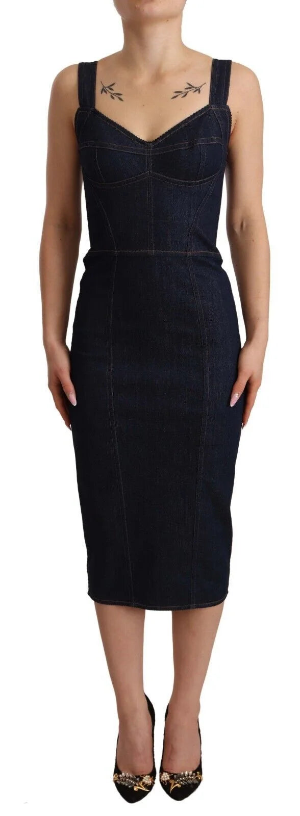 Dolce & Gabbana Dark Blue Cotton Denim Sheath Midi Dress - Dresses