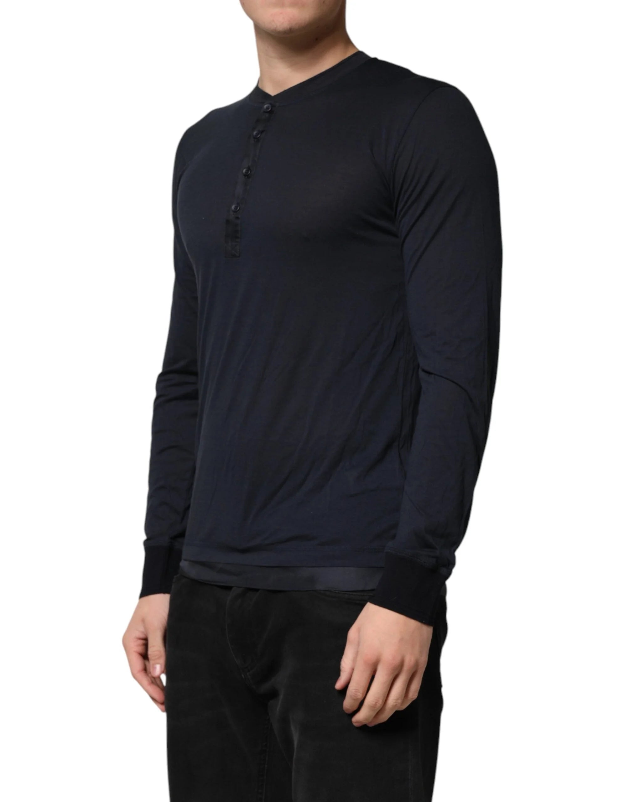 Dolce & Gabbana Dark Blue Cotton Henley Long Sleeves T-Shirt - IT46 | S