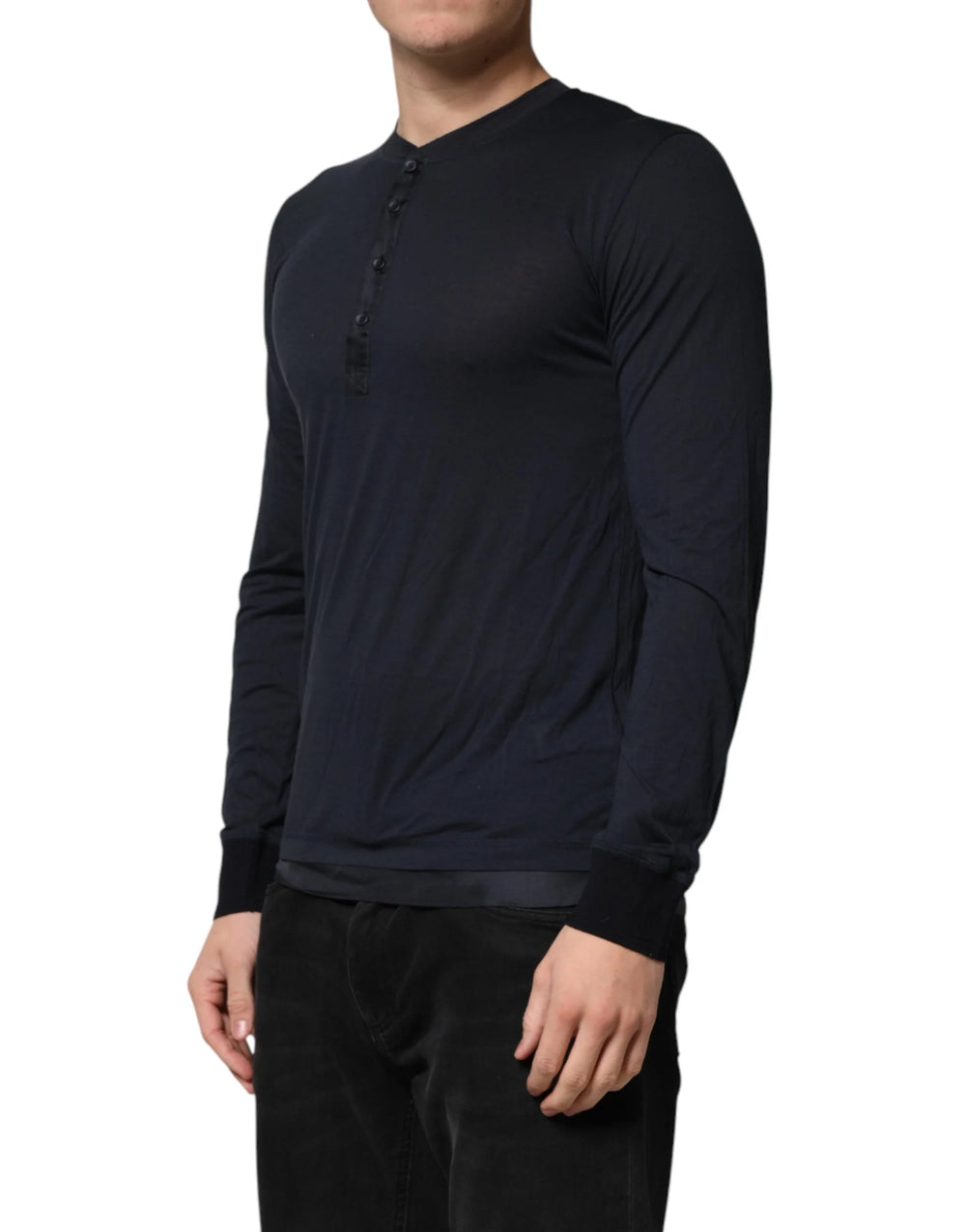 Dolce & Gabbana Dark Blue Cotton Henley Long Sleeves T-Shirt - IT46 | S