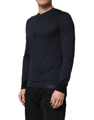 Dolce & Gabbana Dark Blue Cotton Henley Long Sleeves T-Shirt - IT46 | S