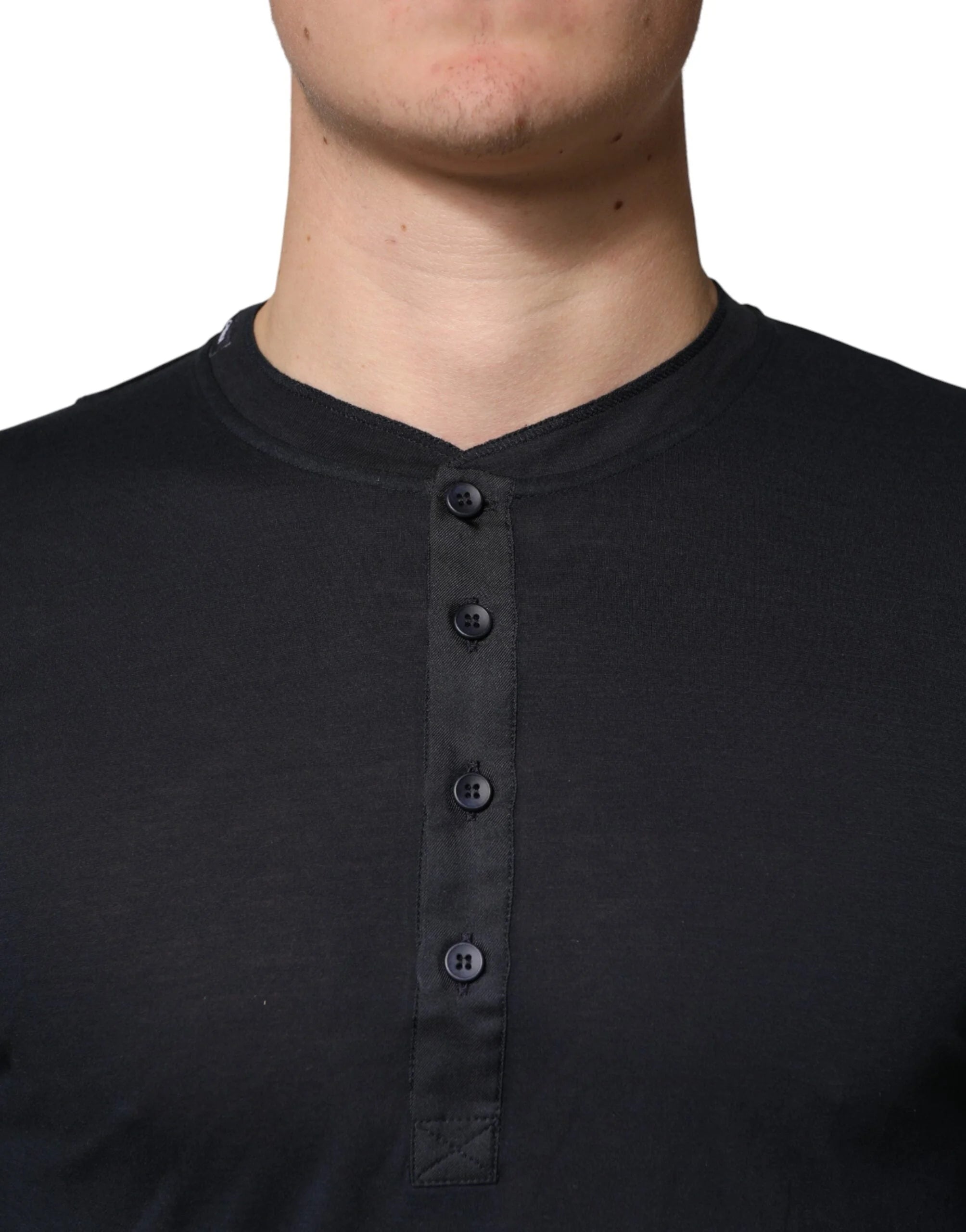 Dolce & Gabbana Dark Blue Cotton Henley Long Sleeves T-Shirt - IT46 | S