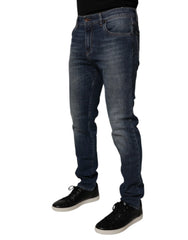 Dolce & Gabbana Dark Blue Cotton Leather Skinny Denim Jeans - IT50 | L - Jeans