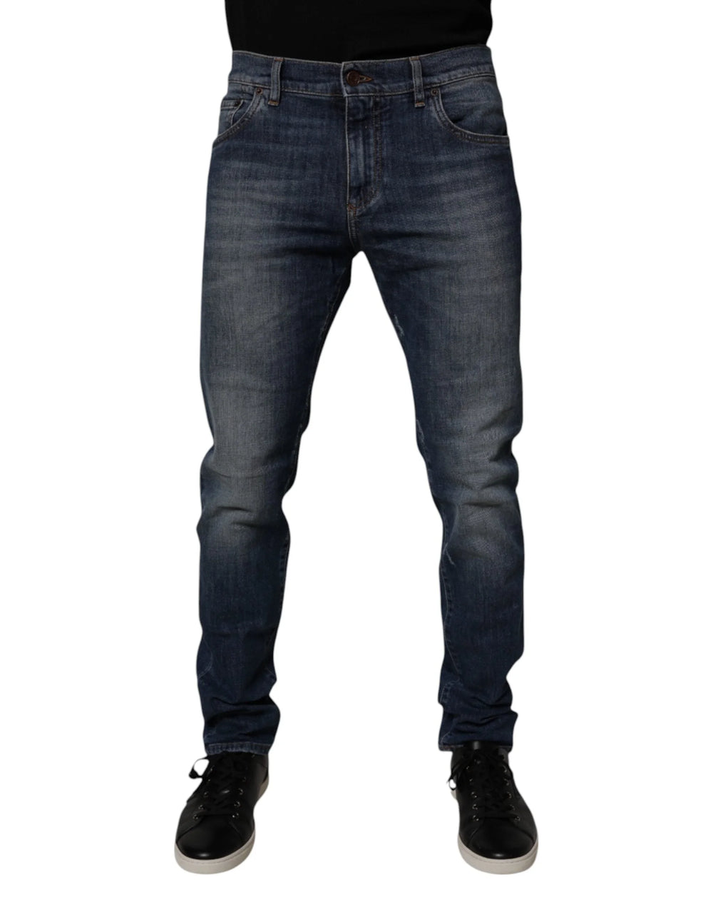 Dolce & Gabbana Dark Blue Cotton Leather Skinny Denim Jeans - IT50 | L - Jeans