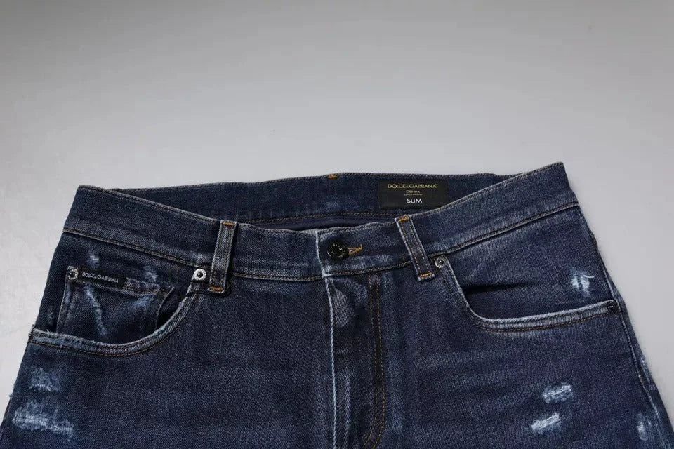 Dolce & Gabbana Dark Blue Cotton Logo Skinny Denim Jeans - IT48 | M - Jeans