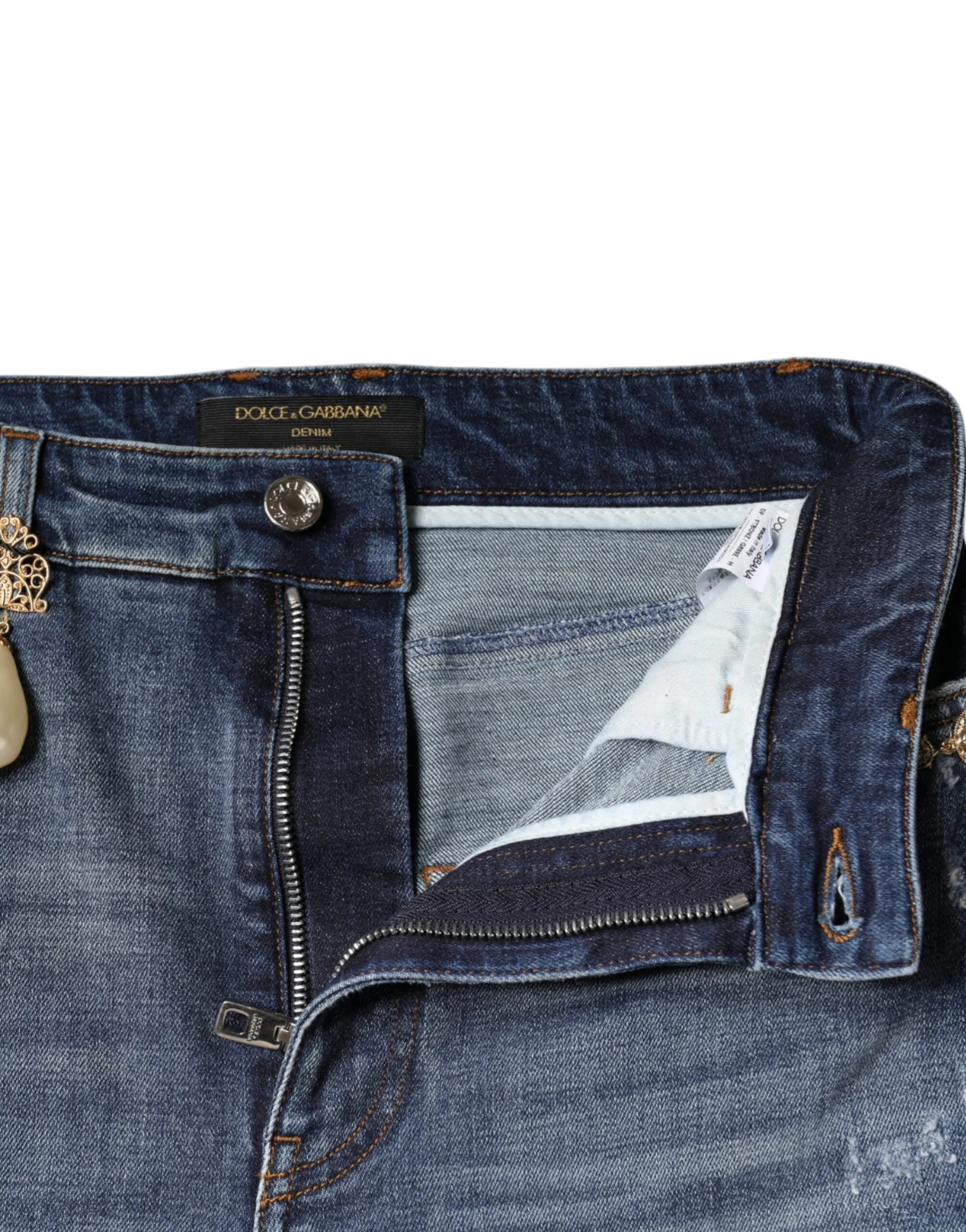 Dolce & Gabbana Dark Blue Cotton Tattered Skinny Denim Jeans - Jeans