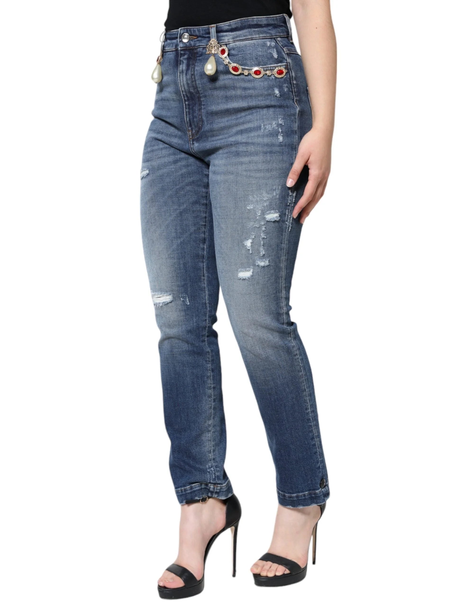 Dolce & Gabbana Dark Blue Cotton Tattered Skinny Denim Jeans - Jeans