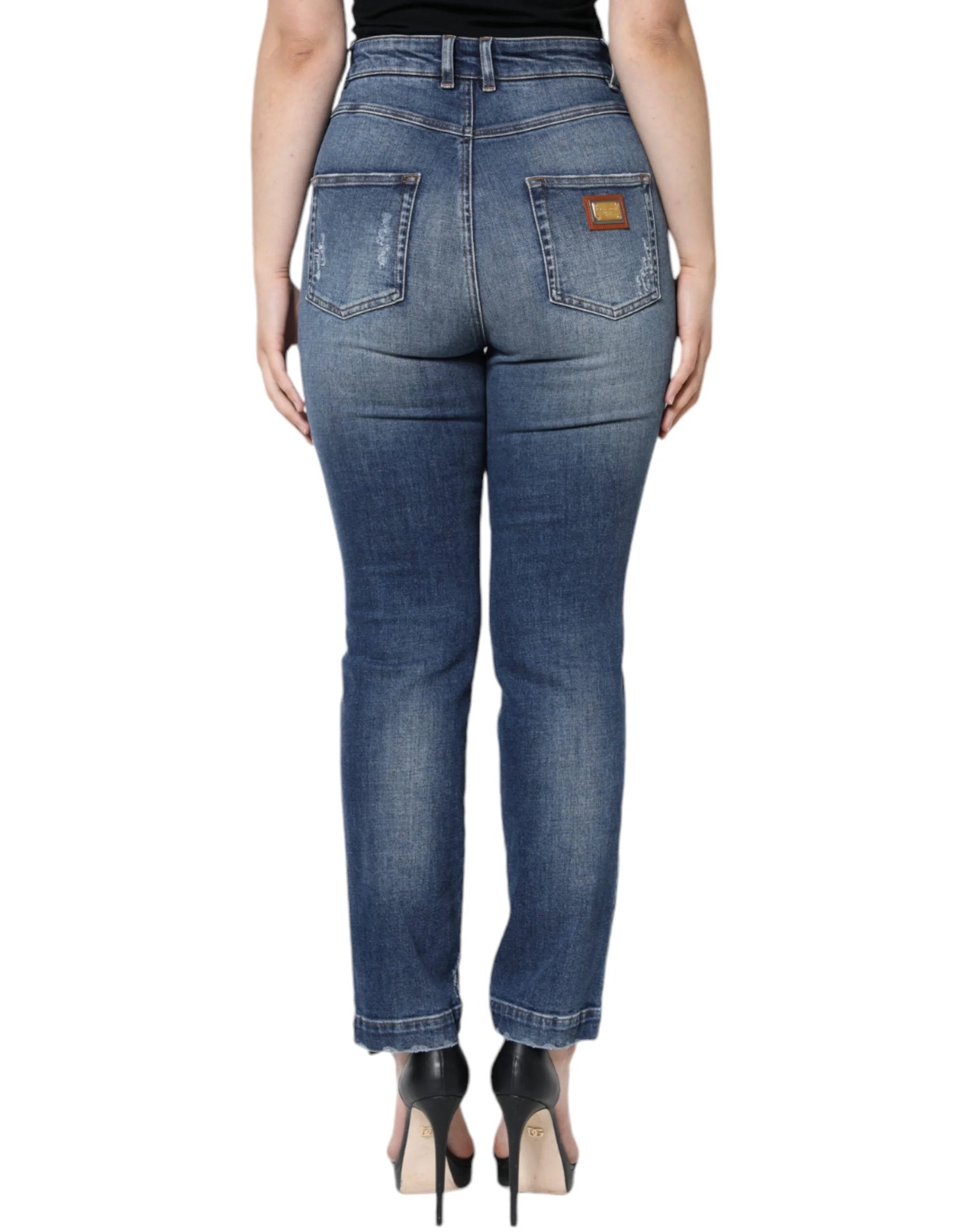 Dolce & Gabbana Dark Blue Cotton Tattered Skinny Denim Jeans - Jeans