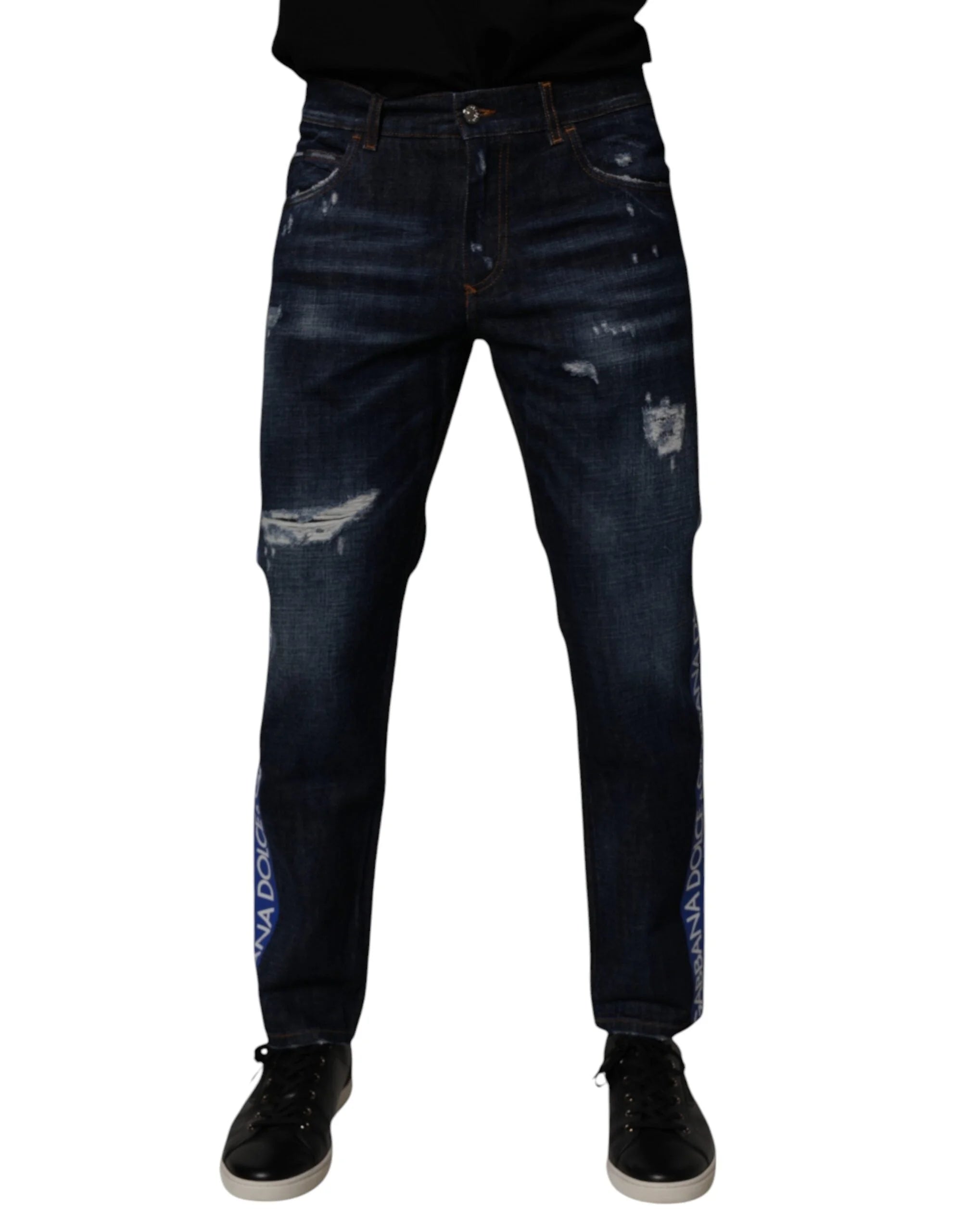 Dolce & Gabbana Dark Blue Cotton Tattered Skinny Denim Jeans - IT48 | M - Jeans