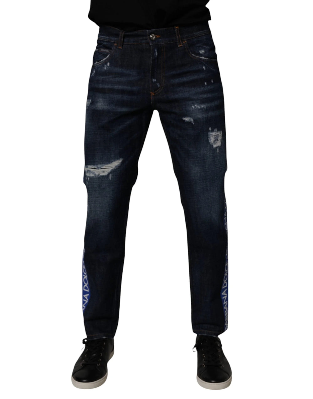 Dolce & Gabbana Dark Blue Cotton Tattered Skinny Denim Jeans - IT48 | M - Jeans