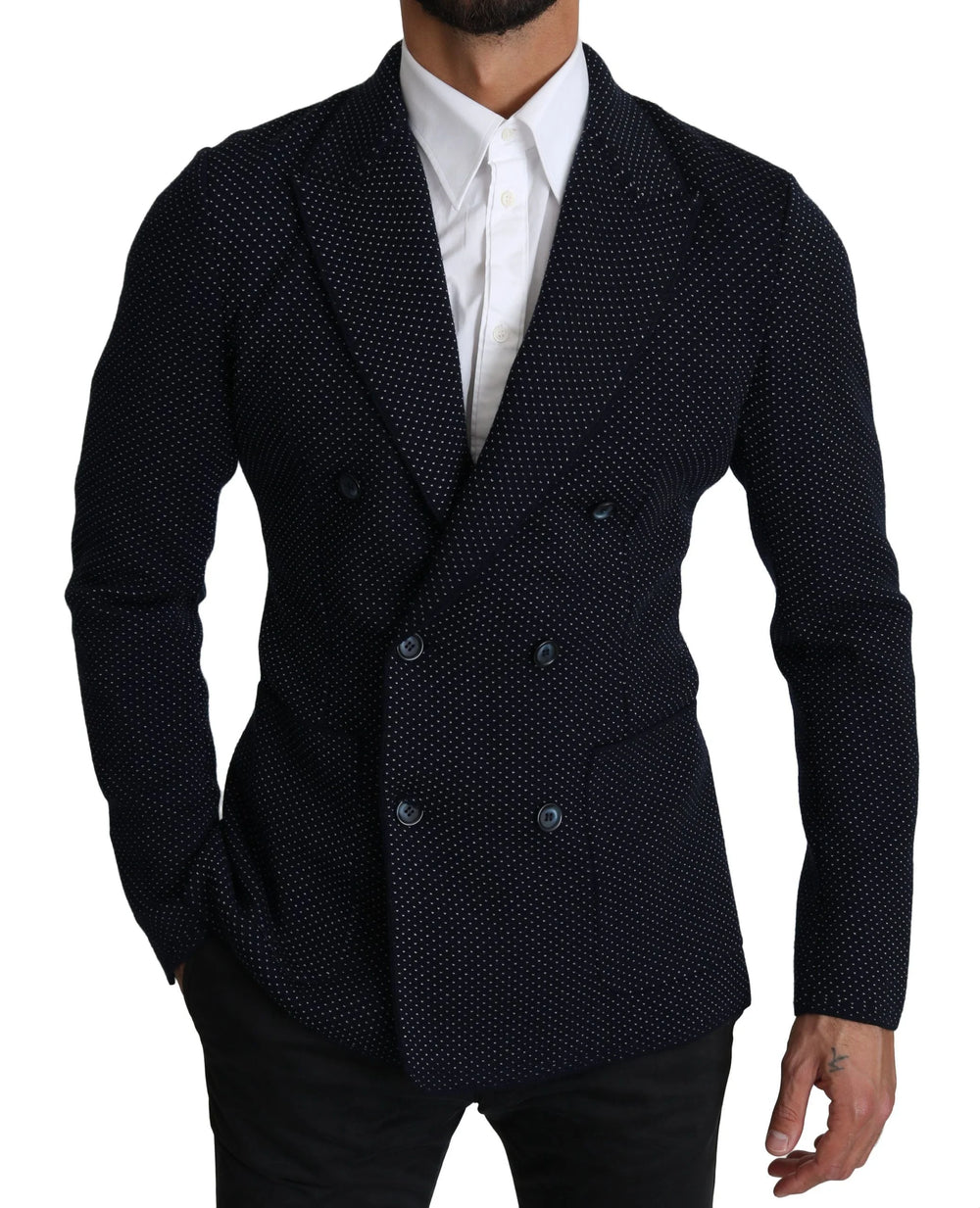 Dolce & Gabbana Dark Blue Dotted Double Breasted Coat Blazer - IT50 | L - Sport Jackets