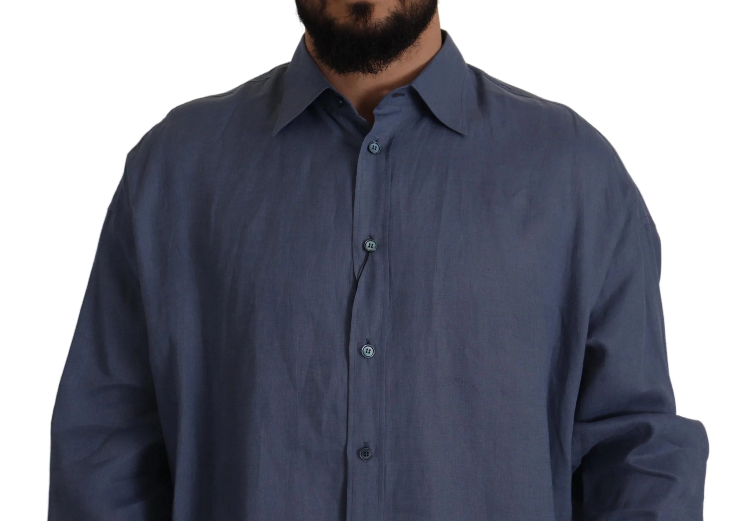 Dolce & Gabbana Dark Blue Linen Slim Fit Dress Formal Men Shirt - IT41 | L - Shirts