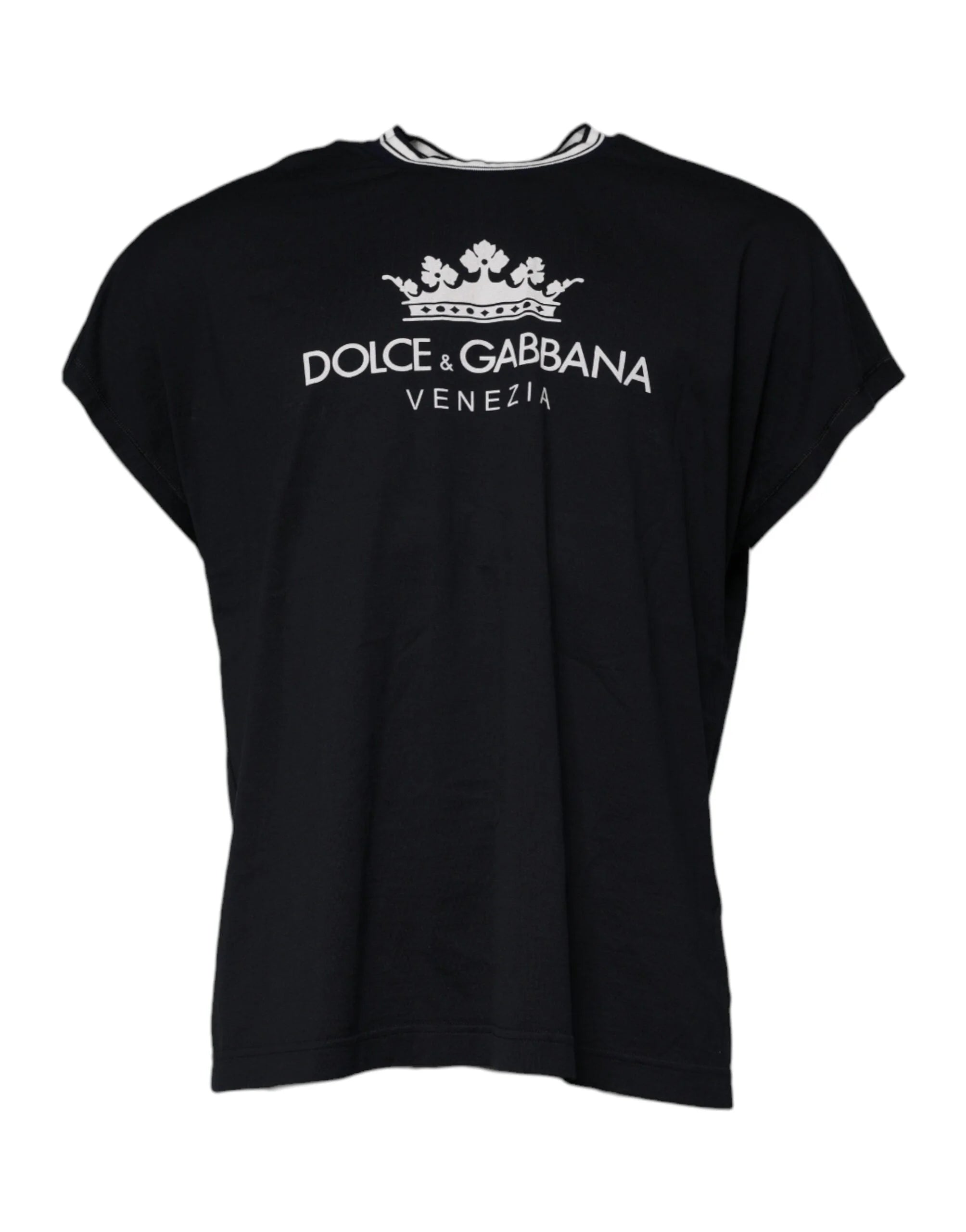 Dolce & Gabbana Dark Blue Logo Crown Cotton Crew Neck T-shirt - T-Shirts