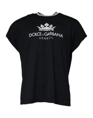 Dolce & Gabbana Dark Blue Logo Crown Cotton Crew Neck T-shirt - T-Shirts