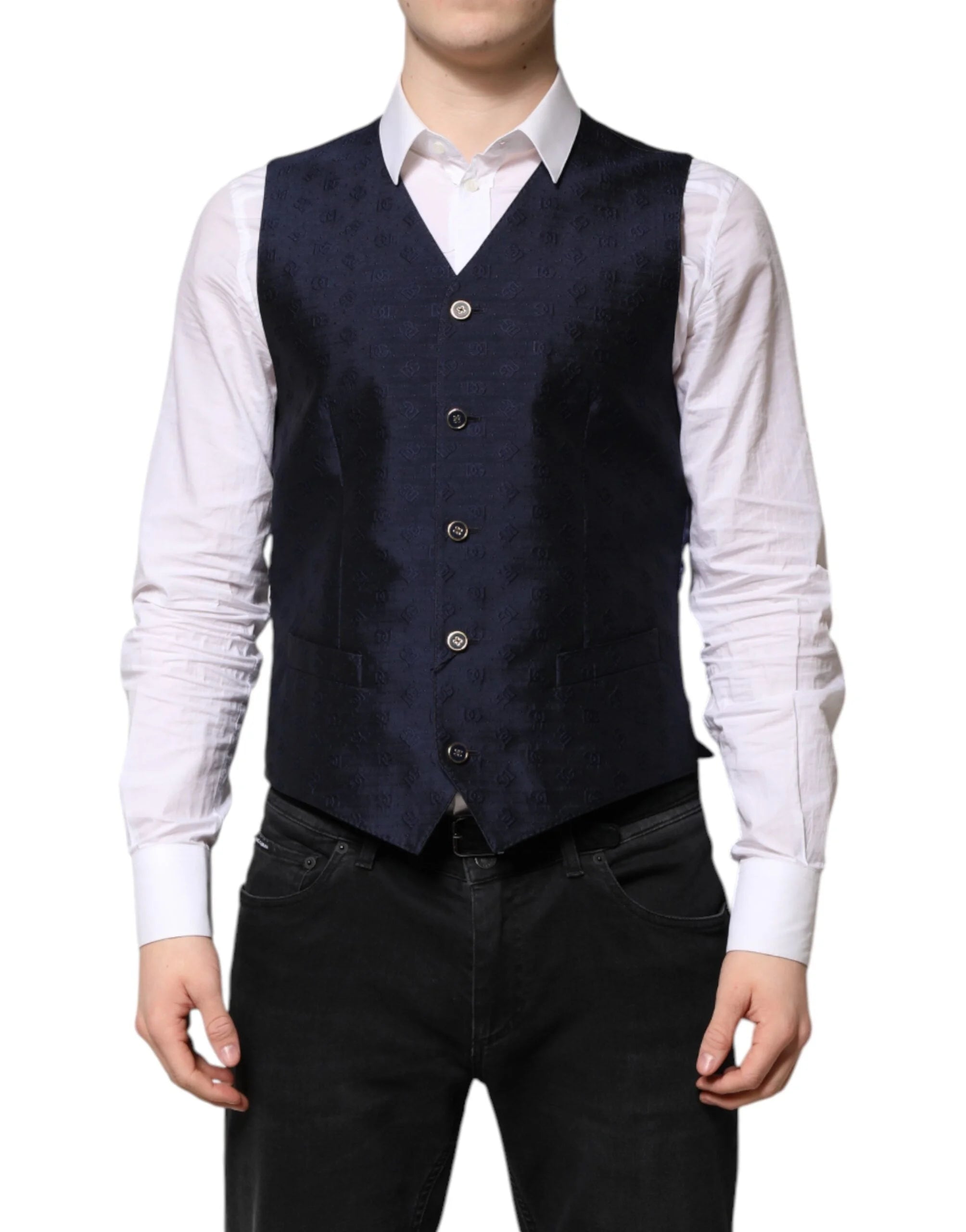Dolce & Gabbana Dark Blue Logo Wool Formal Men Waistcoat Vest - IT48 | M - Vests