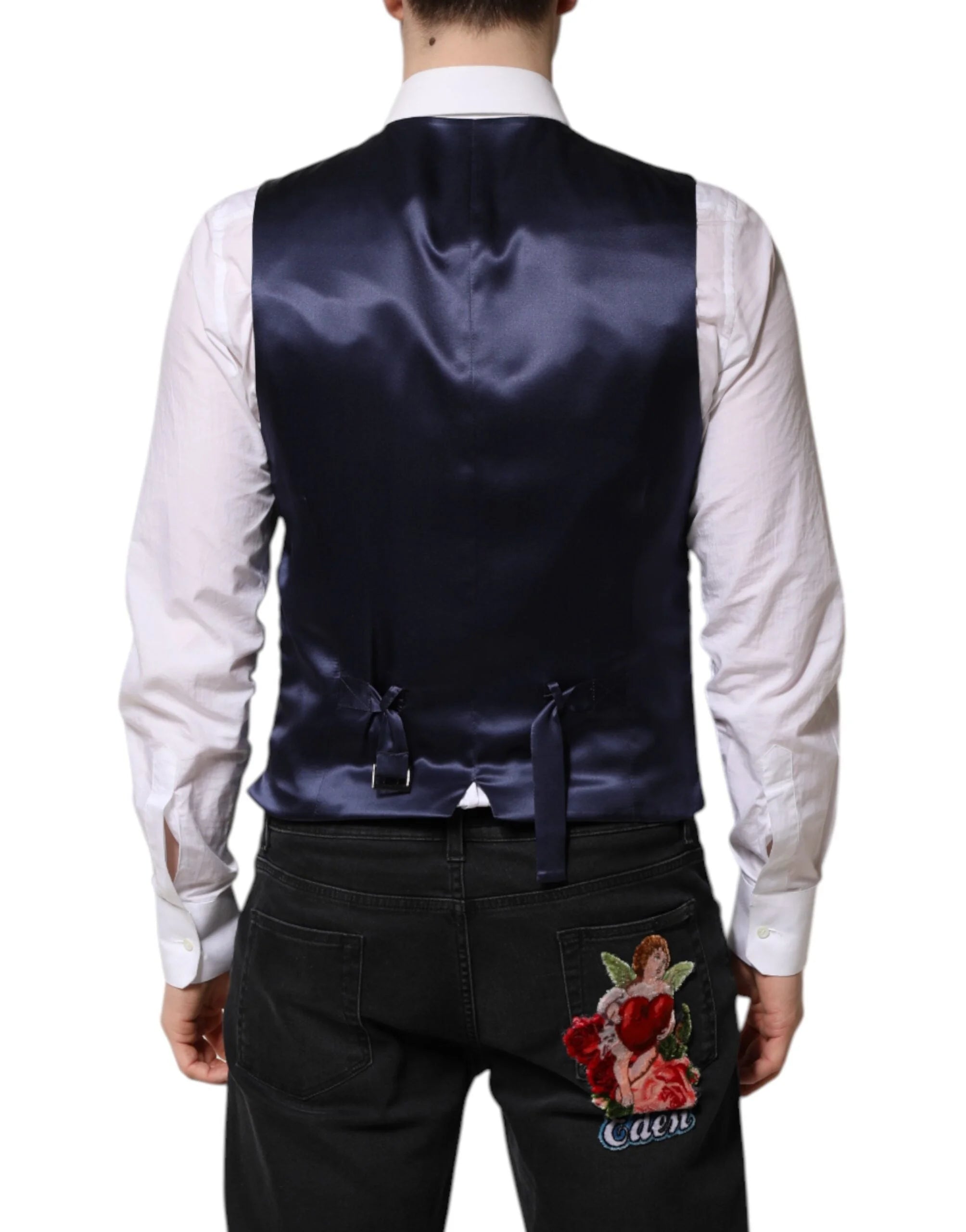 Dolce & Gabbana Dark Blue Logo Wool Formal Men Waistcoat Vest - IT48 | M - Vests