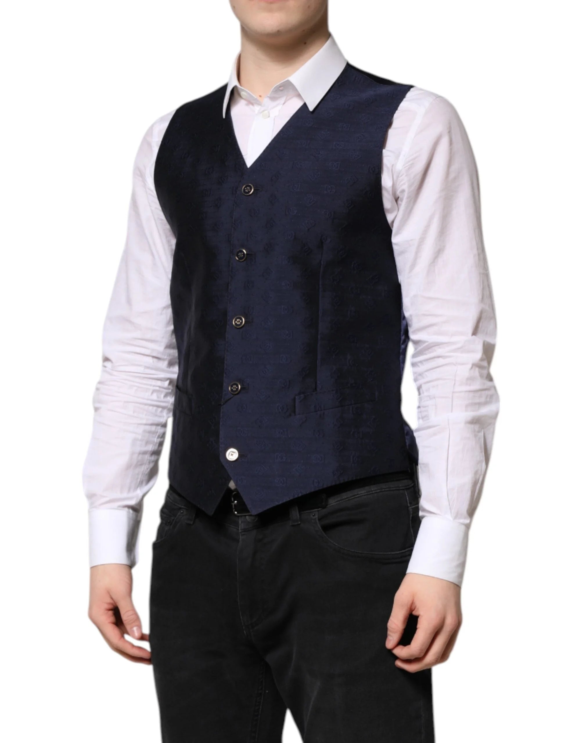 Dolce & Gabbana Dark Blue Logo Wool Formal Men Waistcoat Vest - IT48 | M - Vests