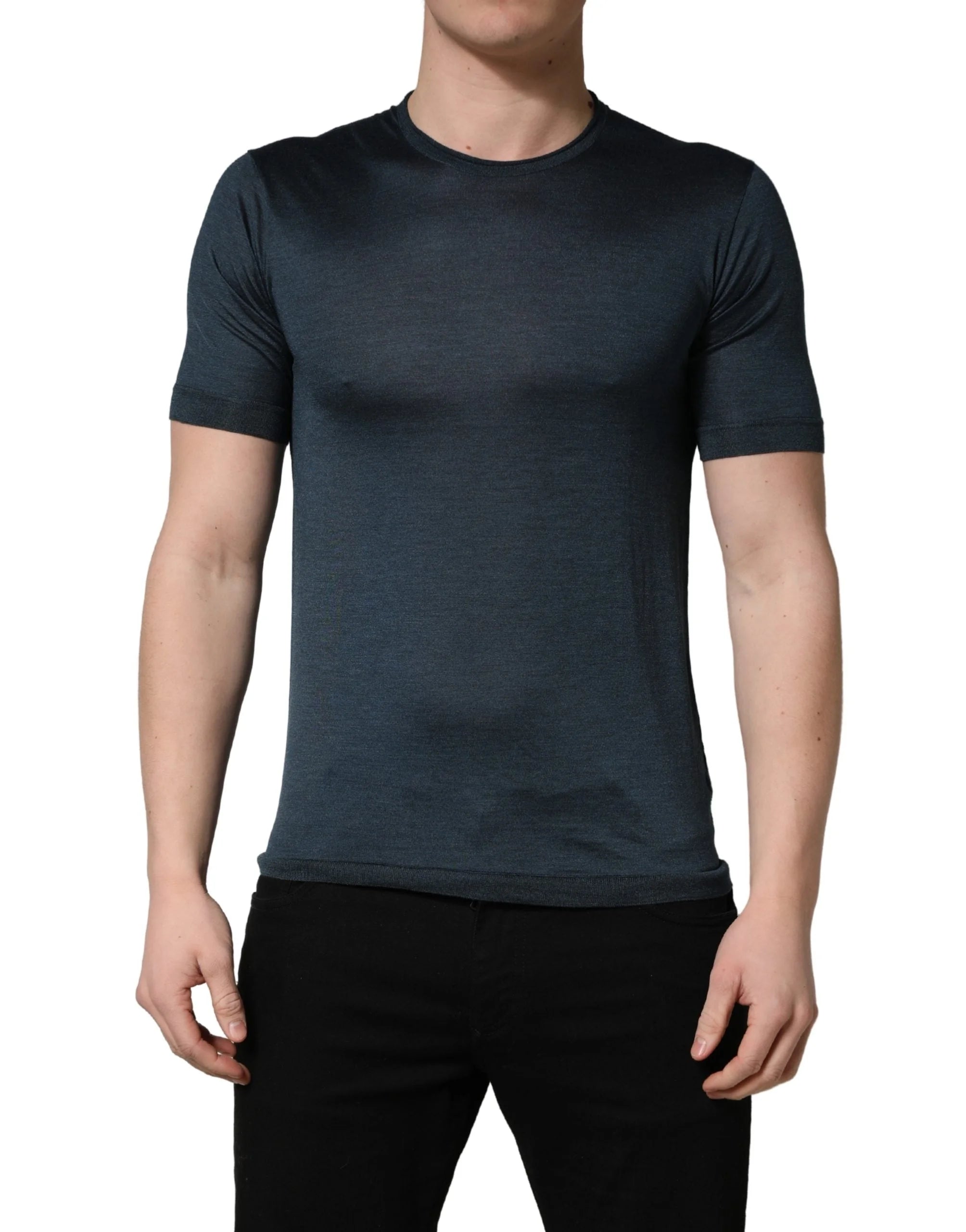 Dolce & Gabbana Dark Blue Silk Crew Neck Short Sleeve T-shirt - IT46 | S