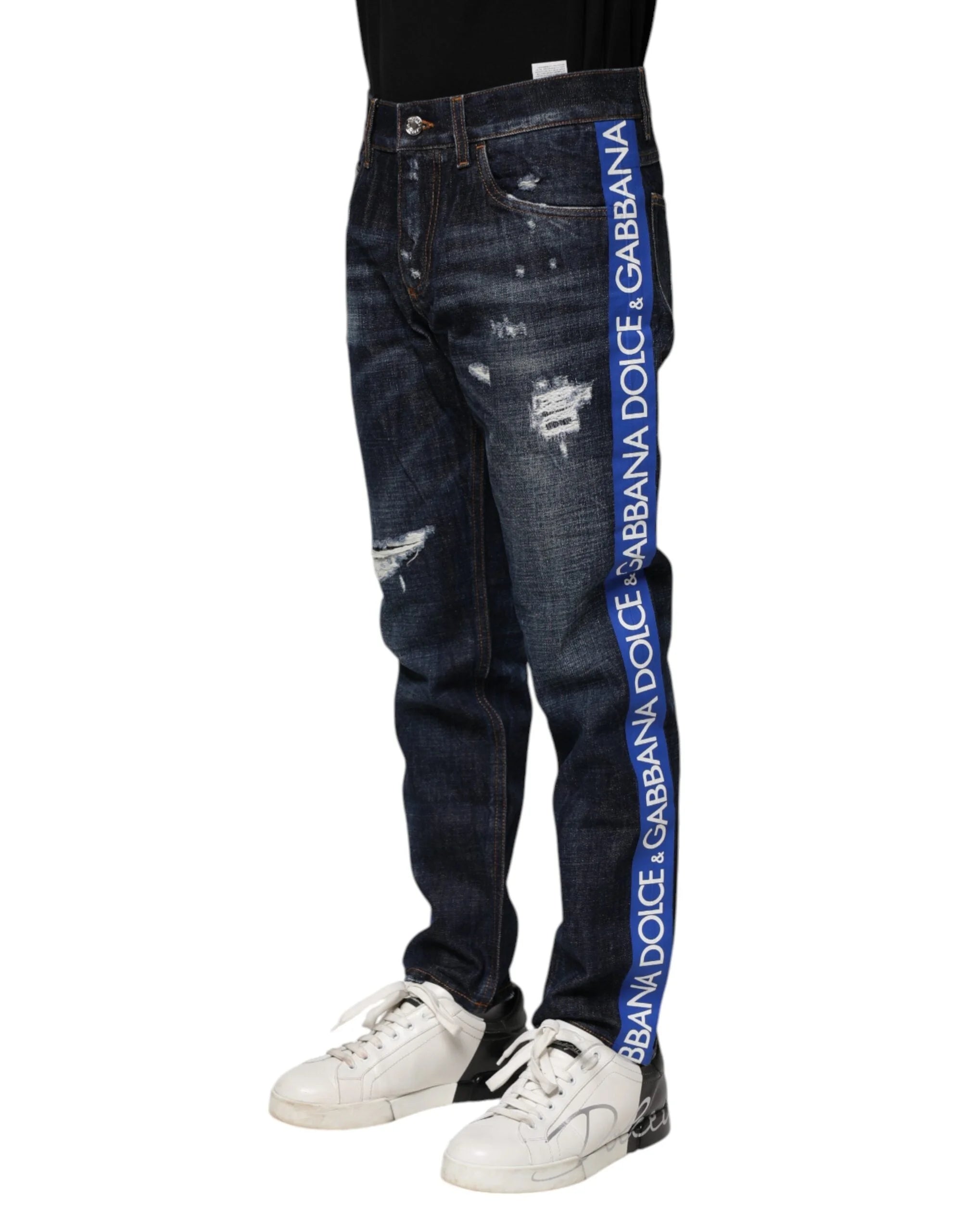 Dolce & Gabbana Dark Blue Tattered Skinny Denim Jeans - IT44 | XS - Jeans