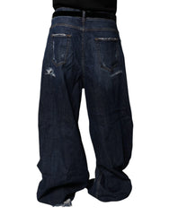 Dolce & Gabbana Dark Blue Tattered Wide Leg Men Denim Jeans - IT50 | L - Jeans