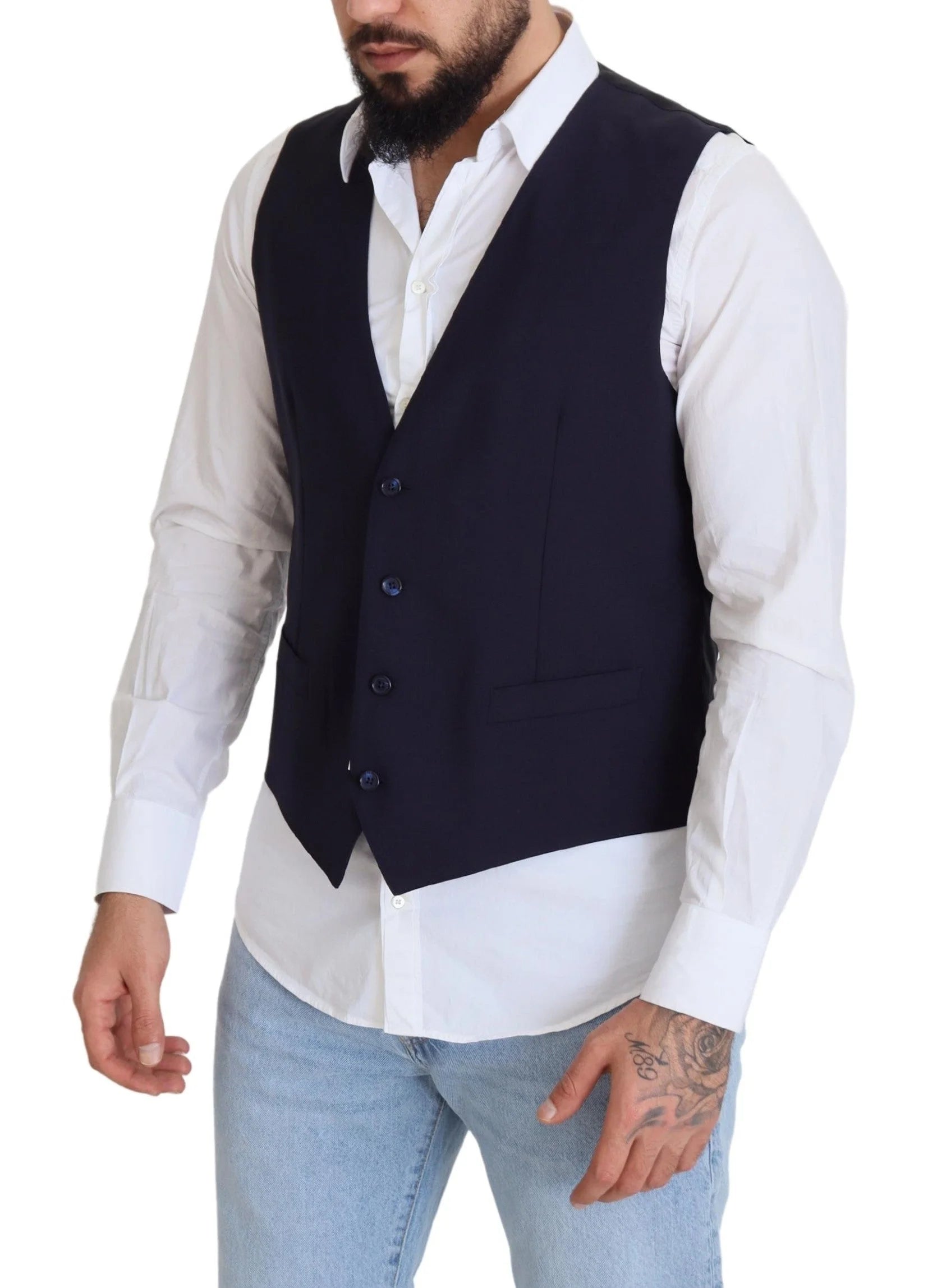 Dolce & Gabbana Dark Blue Wool Stretch Waistcoat Formal Vest - IT48 | M - Vests