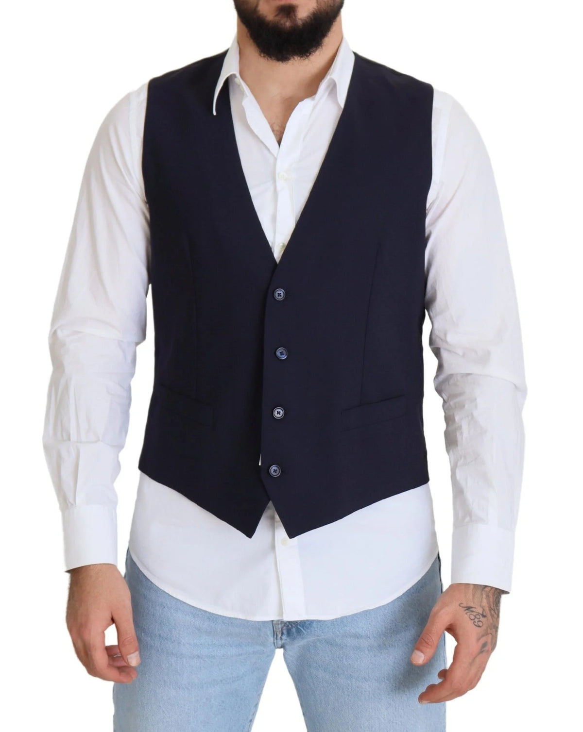 Dolce & Gabbana Dark Blue Wool Stretch Waistcoat Formal Vest - IT48 | M - Vests
