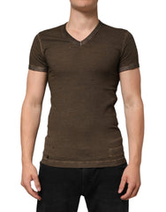 Dolce & Gabbana Dark Brown Cotton Tattered Logo Men T-shirt - IT44 | XS - T-Shirts