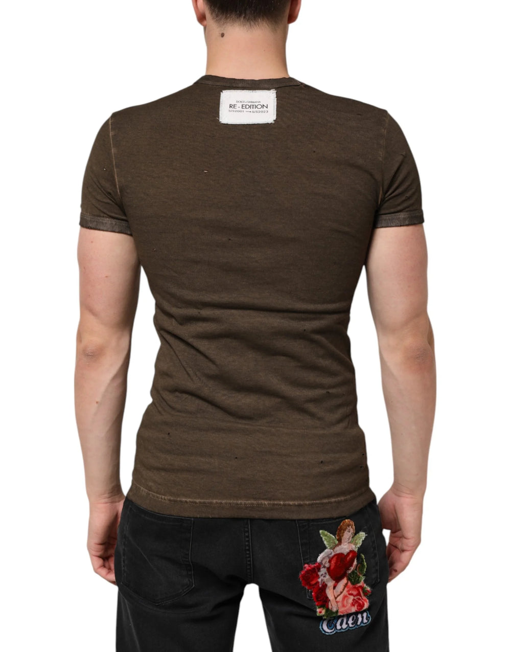Dolce & Gabbana Dark Brown Cotton Tattered Logo Men T-shirt - IT44 | XS - T-Shirts