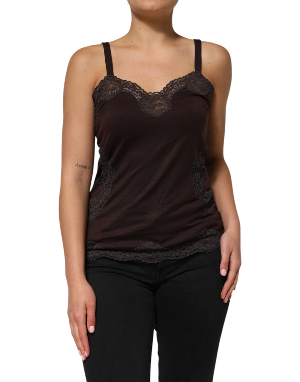 Dolce & Gabbana Dark Brown Lace Trim Wool Sleeveless Tank Top - IT4 | L - Tank Tops