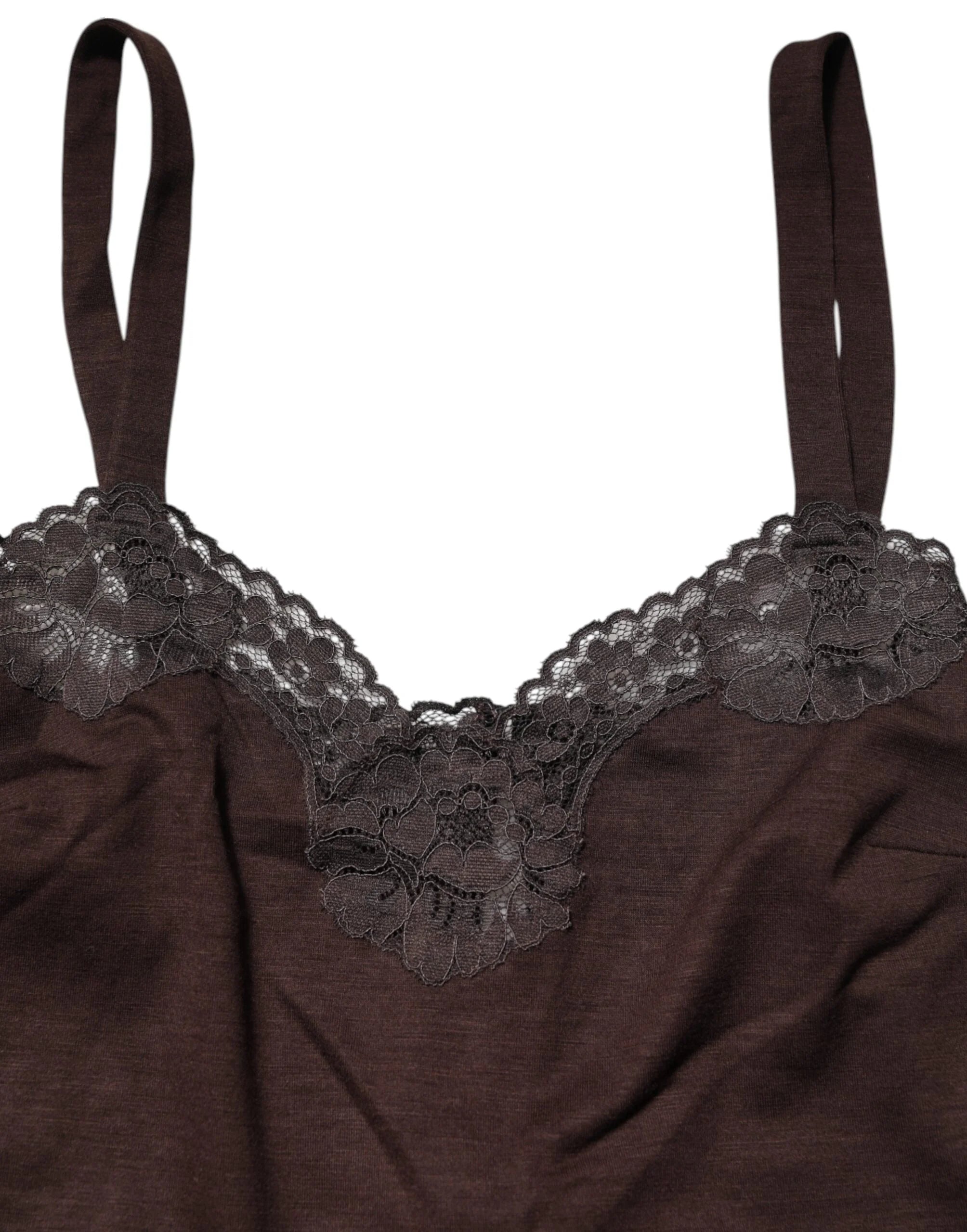 Dolce & Gabbana Dark Brown Lace Trim Wool Sleeveless Tank Top - IT4 | L - Tank Tops