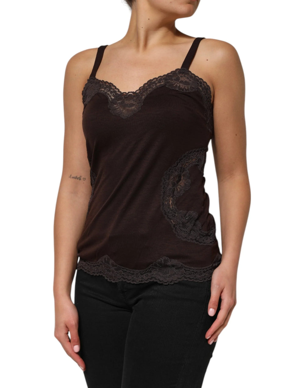 Dolce & Gabbana Dark Brown Lace Trim Wool Sleeveless Tank Top - IT4 | L - Tank Tops