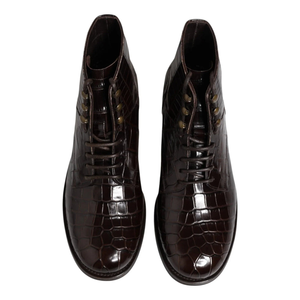 Dolce & Gabbana Dark Brown Leather Lace Up Short Boots Shoes - EU42/US9